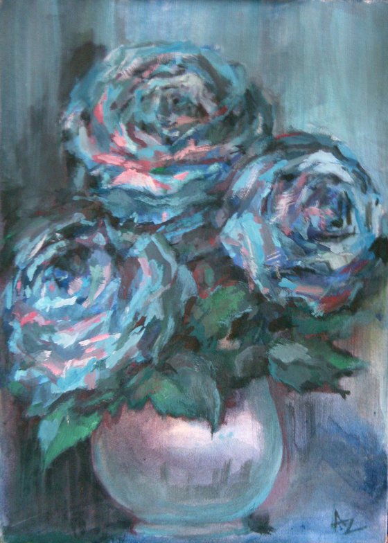 Blue Abstract Roses on Silk