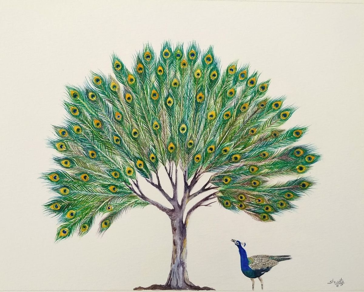 Peacock Feather Tree Original Watercolour Painting by Shweta Mahajan