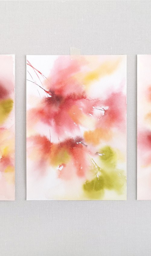 Red abstract flowers watercolor painting. Floral set of 3 by Olga Grigo