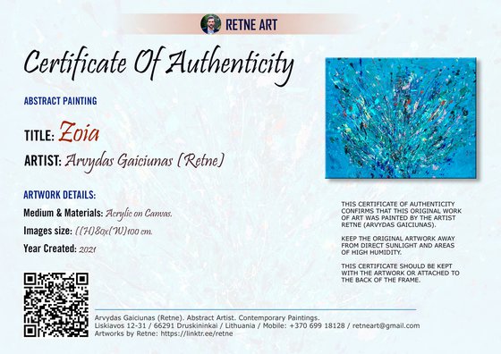 Zoia. (W)100x(H)80x(D)2 cm. Blue Abstract Painting