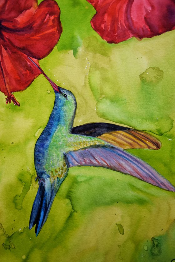 Hummingbird Watercolour Painting, Flower Original Artwork, Tropical Home Decor