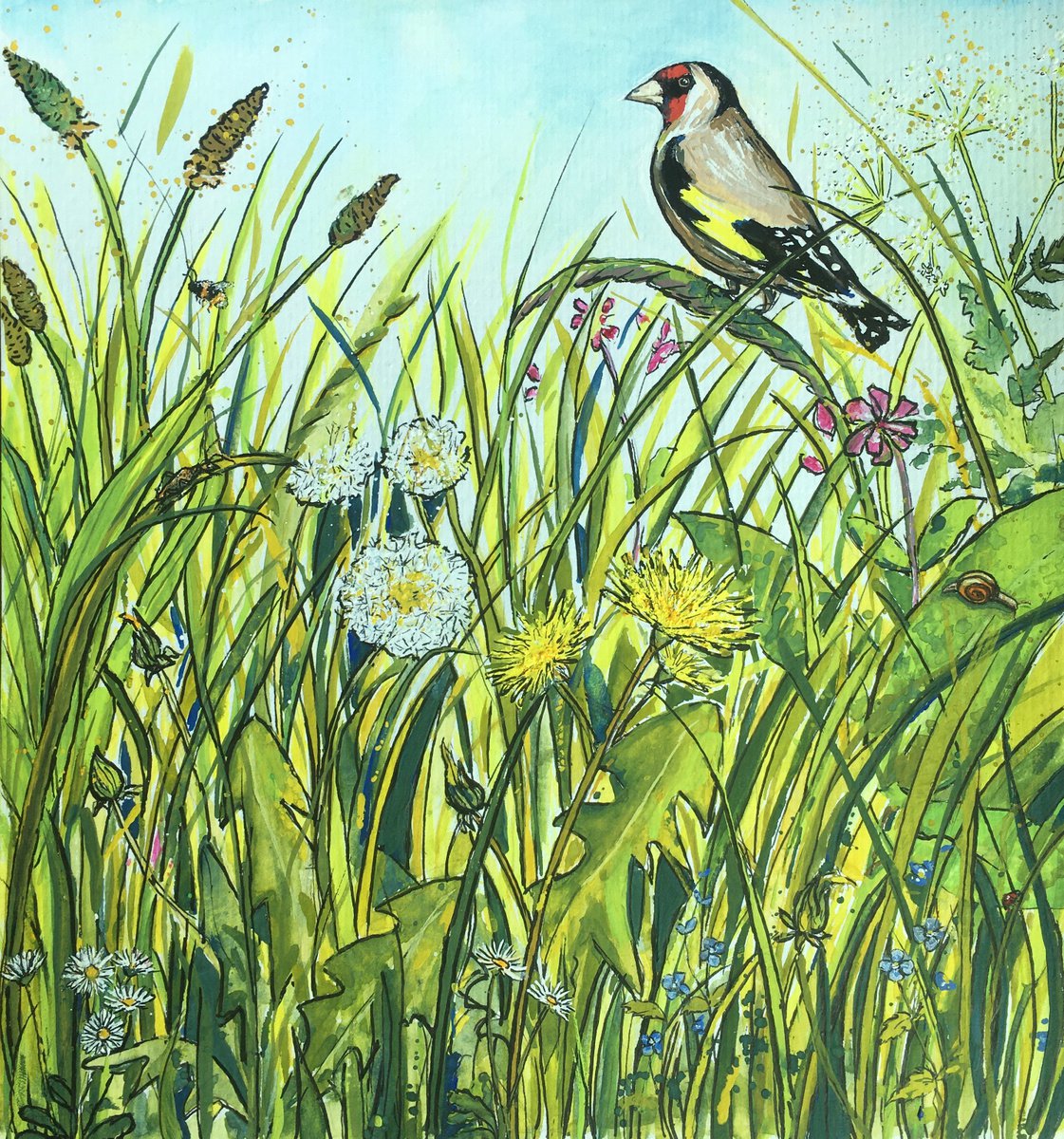 Goldfinch and Dandelions by Lucy Smerdon