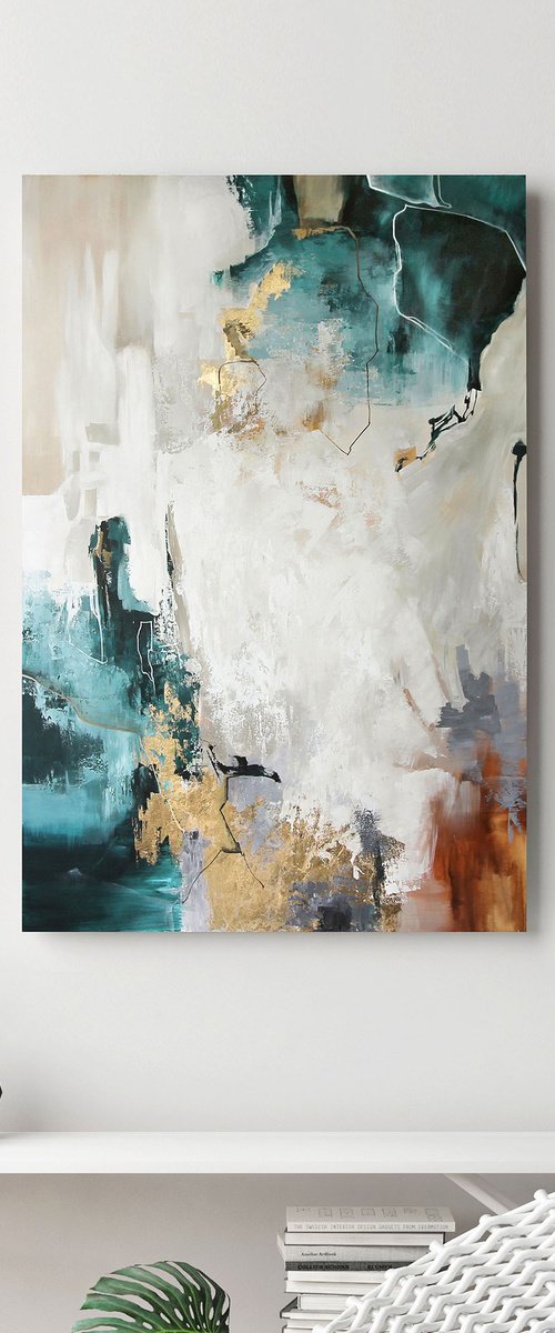 "Teal bloom" Emerald green gold abstract art by Yana Sagan