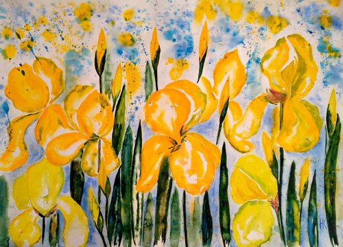 Irises Painting Floral Original Art Flowers Watercolor Artwork Home Wall Art 20 by 14" by Halyna Kirichenko by Halyna Kirichenko