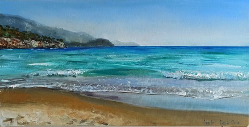 Coastal beach oil painting blue ocean landscape wall decor 10x20" by Leyla Demir