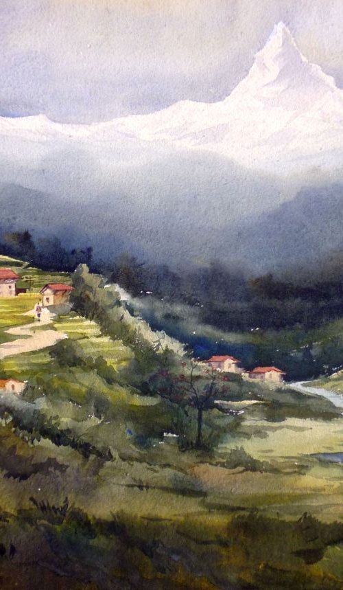 Beauty of Himalaya - Watercolor on Paper by Samiran Sarkar