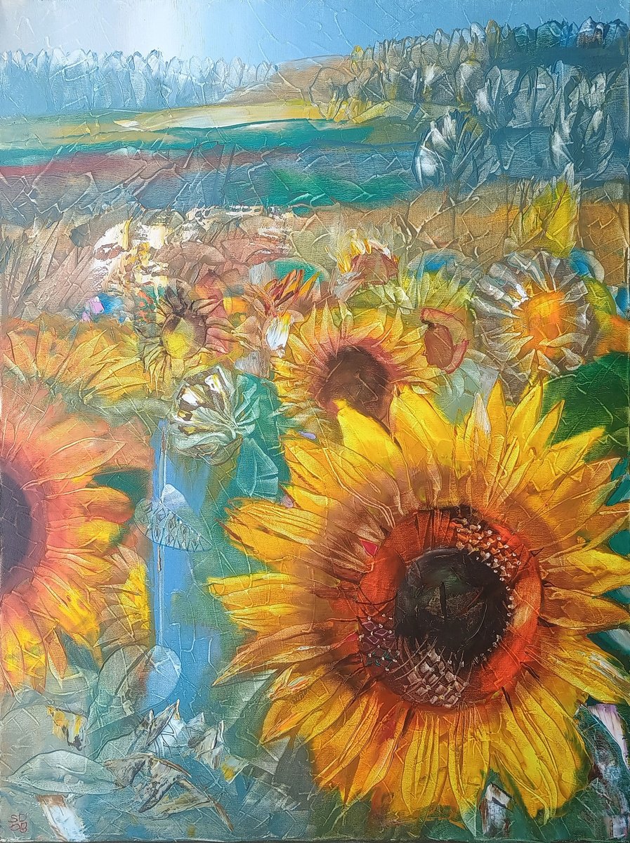 Impressionistic Botanical Oil Painting By Silvija Drebickaite, 24 X 31", Golden Blooms, Original Artwork