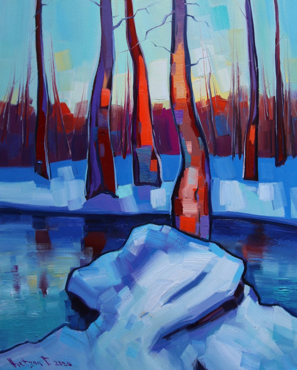 Impressionistic Landscape Oil Painting By Tigran Avetyan, 16 X 20", Winter Day, Original Artwork