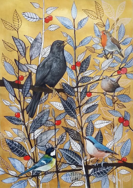 Choir practice  (Blackbird, great tit, wren, robin and nuthatch mixed media painting)