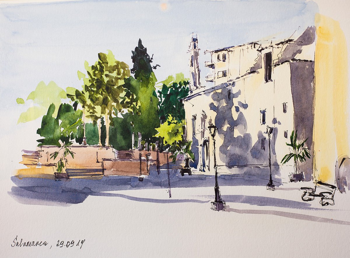 Salamanca. Street sketch 2. URBAN WATERCOLOR LANDSCAPE STUDE ARTWORK SMALL CITY LANDSCAPE... by Sasha Romm