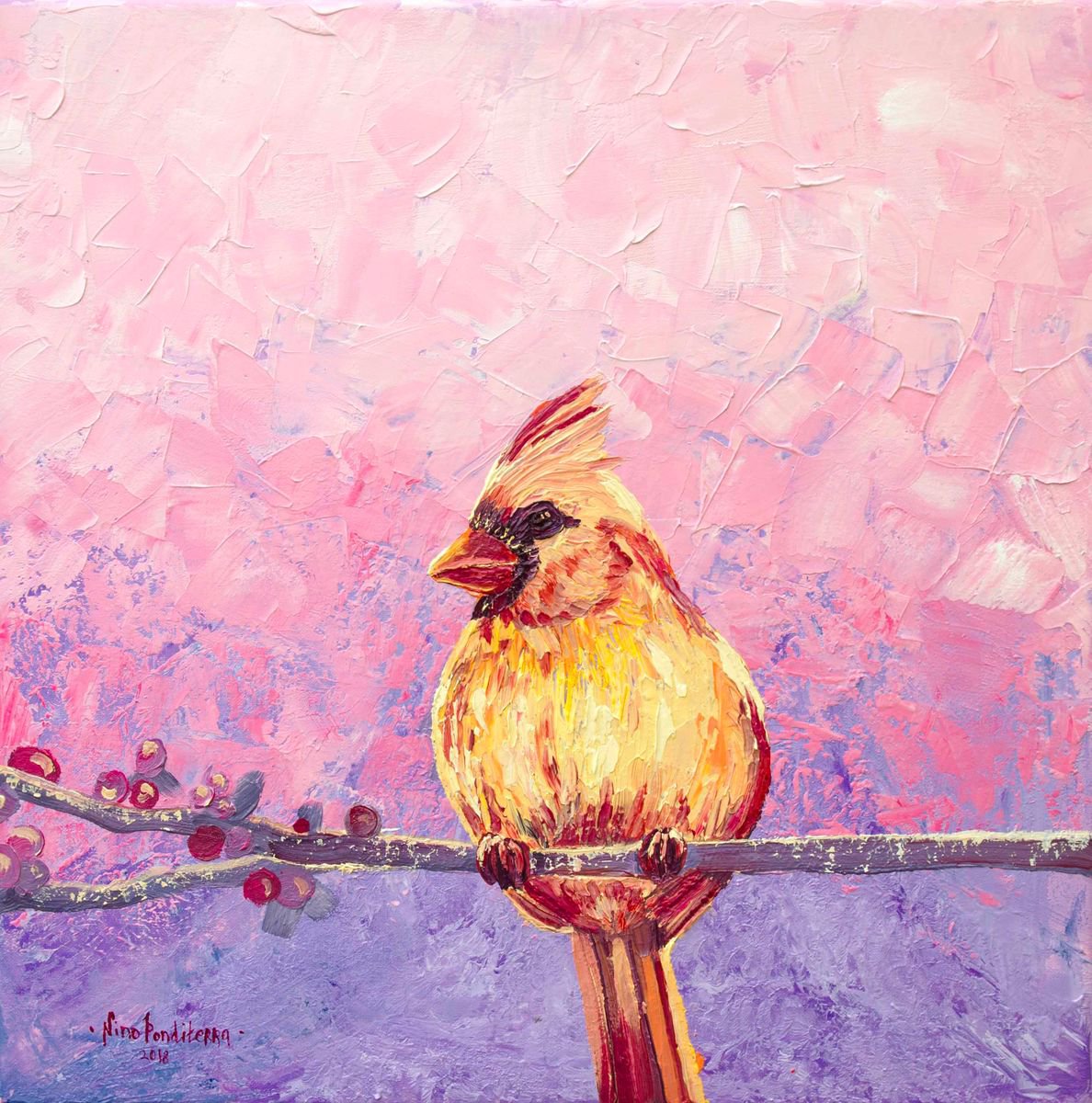 Oil Painting , Cardinal Bird By Nino Ponditerra, 16 X 16, Artwork For Sale On Artfinder