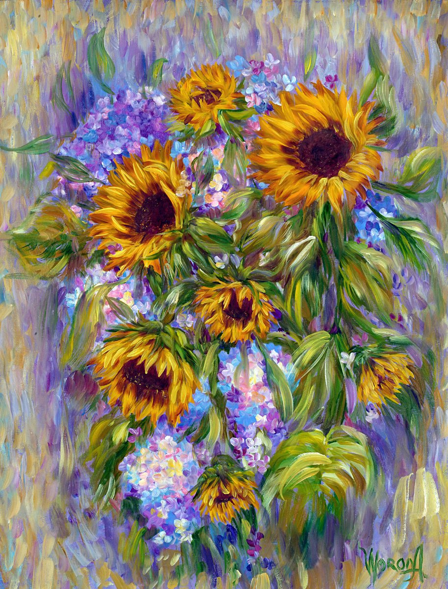 Sunflowers With Lilacs. By Anastasia Woron, 20 X 25, Artwork For Sale On Artfinder