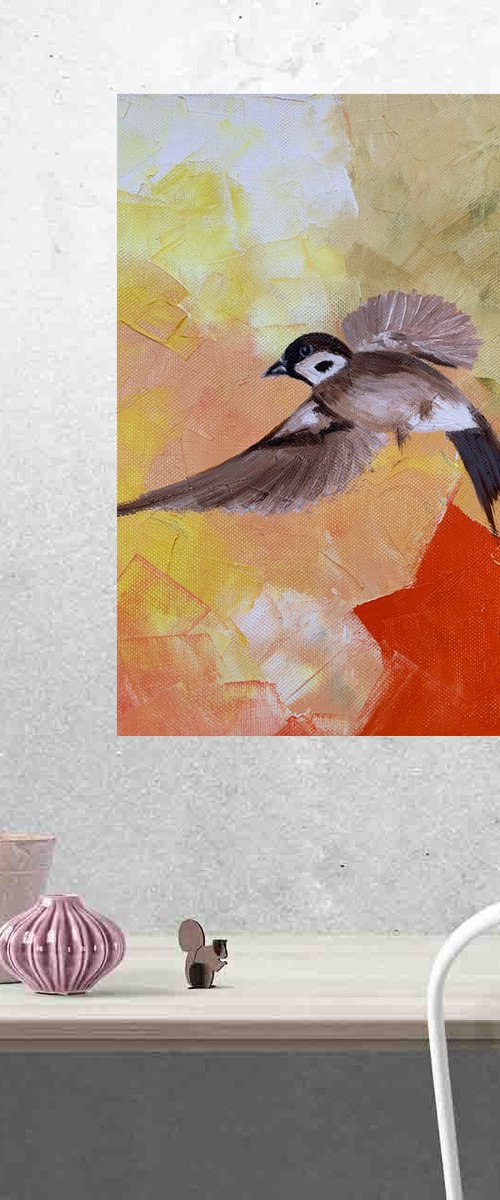 "Orange la la mood" oil painting on paper / sparrow bird / bird in flight by Olha Gitman