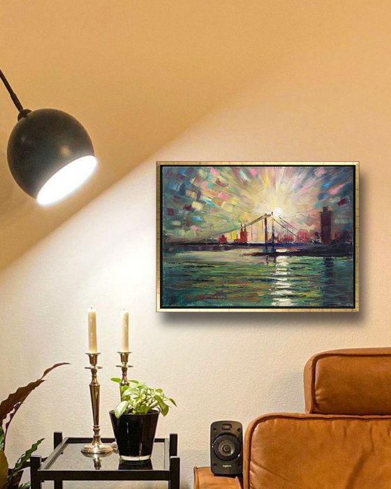 'SUNSET OVER COLOGNE, GERMANY' - Cityscape Sunset Oil Painting on Canvas