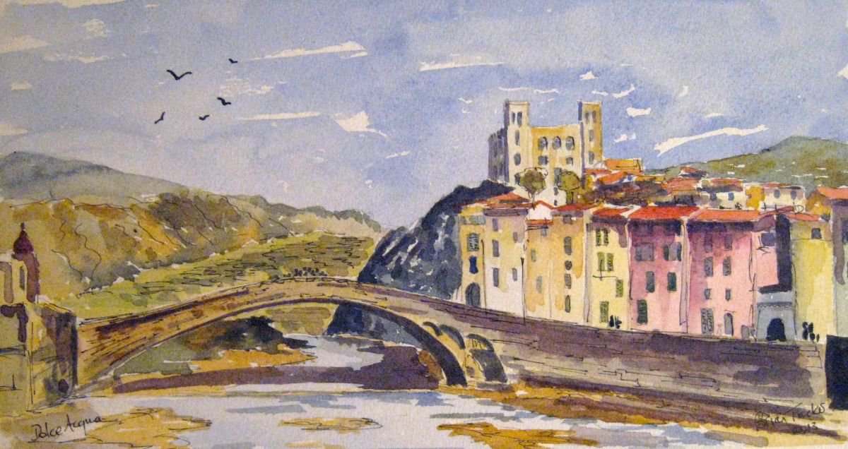 Impressionistic Landscape Painting By Brian Tucker, 11 X 6, Dolce Acqua In Liguria, Original Artwork