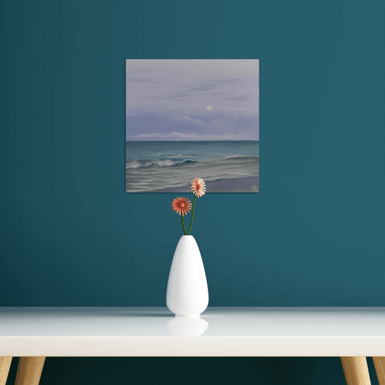 Diamond of the Night, full moon over the ocean painting