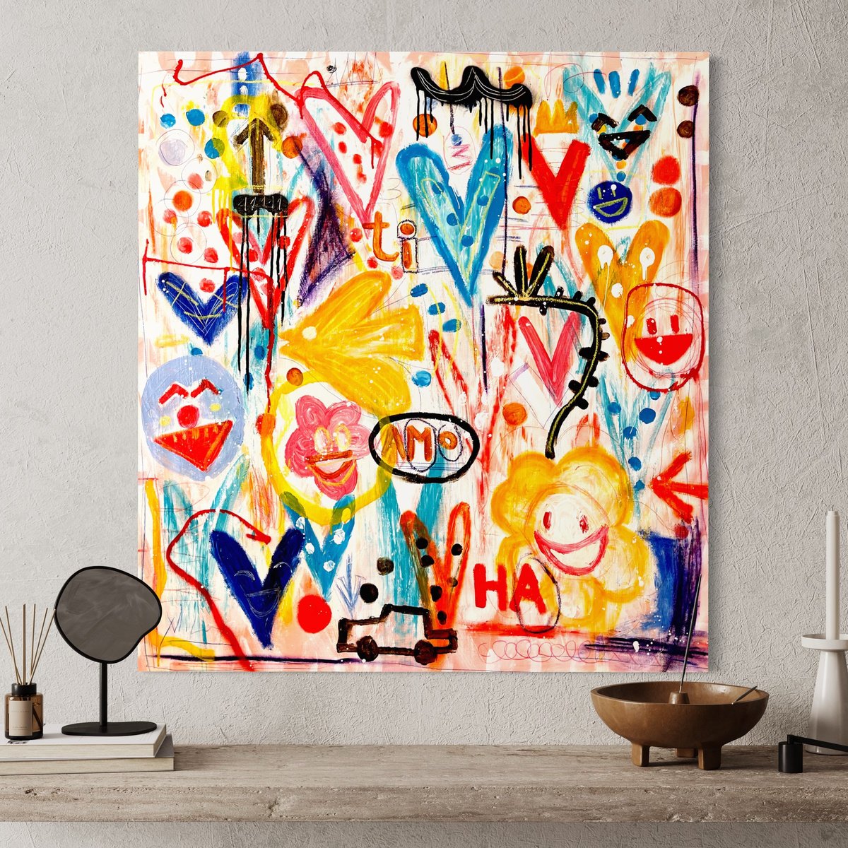 Urban And Pop Abstract Acrylic Painting By Mercedes Lagunas, 37 X 39", Ha!, Original Artwork