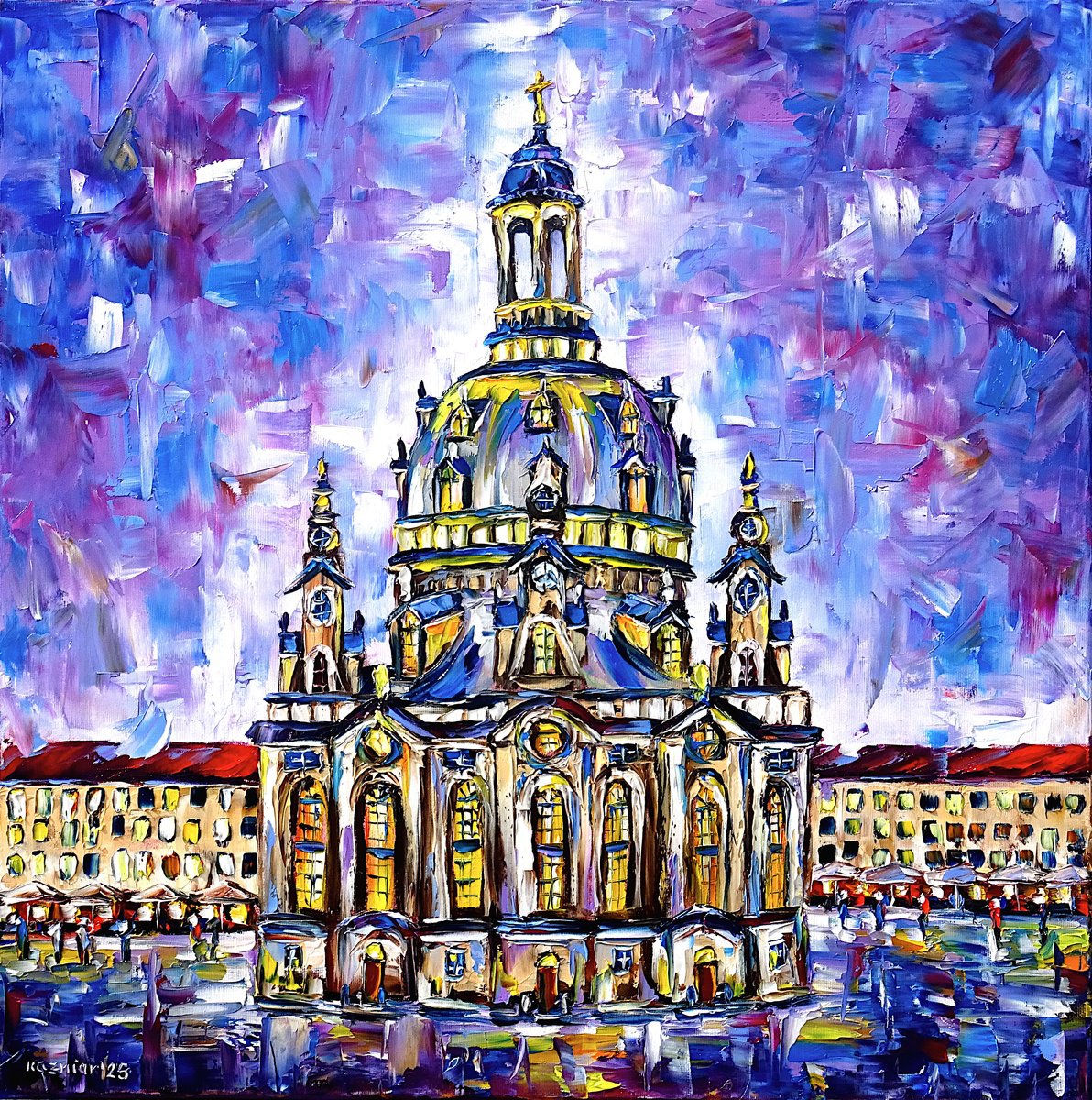 Expressive Cityscapes Oil Painting By Mirek Kuzniar, 24 X 24", Frauenkirche, Dresden, Original Artwork