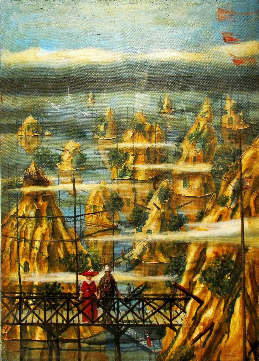 Surrealistic Abstract Oil Painting By Serhiy Roy, 18 X 25", Inhabited Islands, Original Artwork