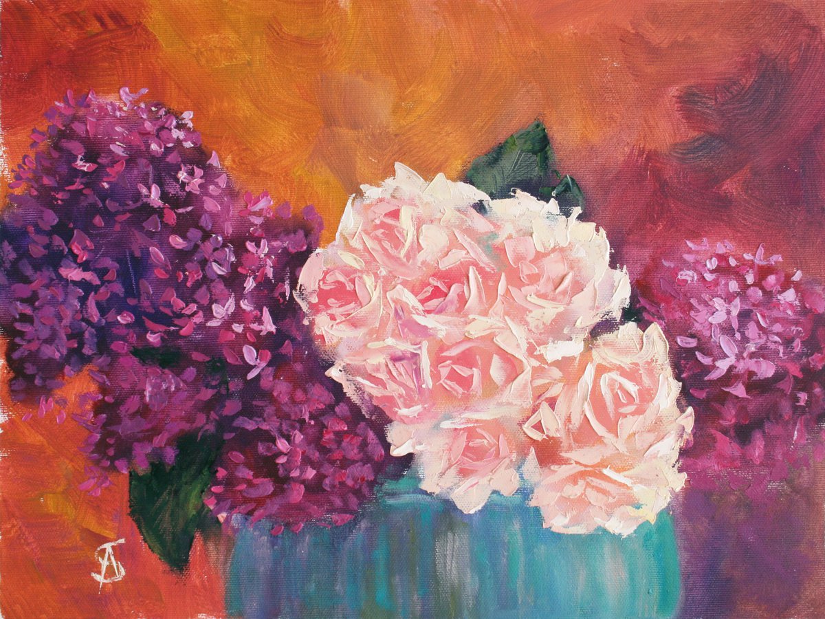 Bouquet of lilacs and roses /  ORIGINAL PAINTING by Salana Art Gallery