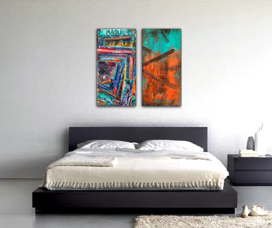 "We Go Together Like Oil and Acrylic" - Save As A Series - Original PMS Abstract Diptych Oil and Acrylic Paintings On Canvas - 36" x 36"