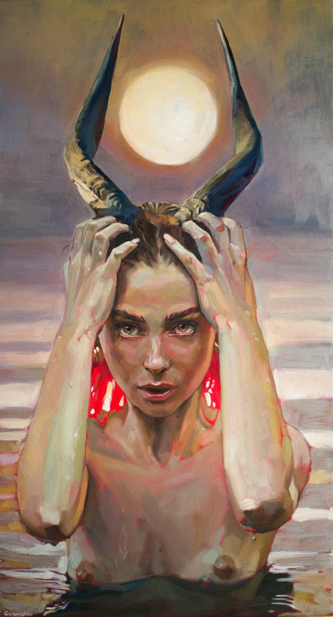 Surrealistic Portrait Oil Painting By Oleksii Gnievyshev, 20 X 35", Hathor, Original Artwork