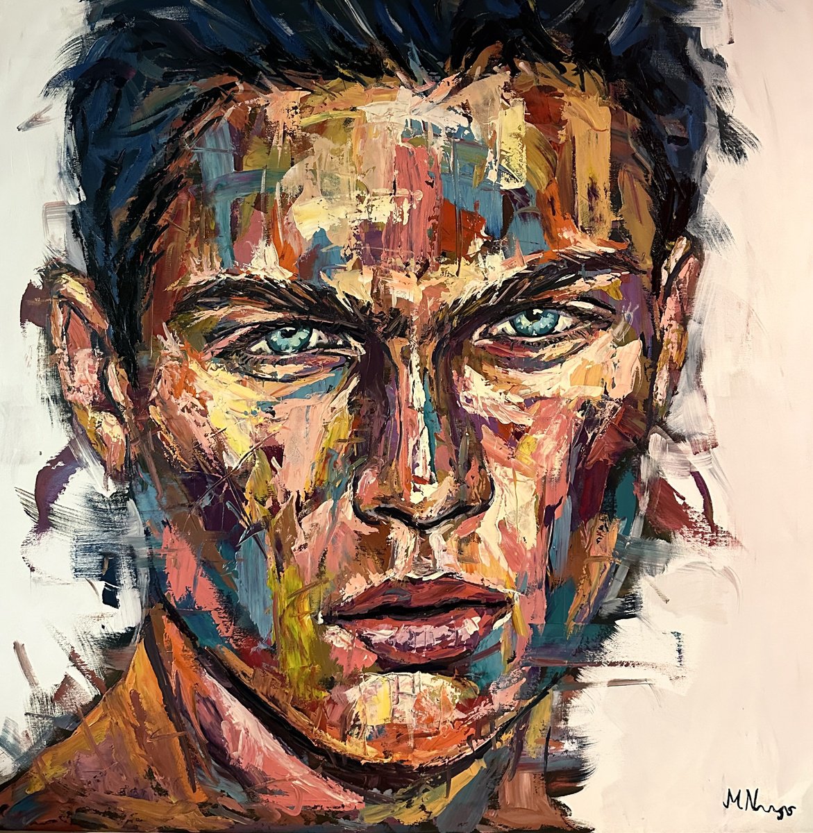 Expressive Portrait Oil Painting By Emmanouil Nanouris, 39 X 39, Palette Boy, Original Artwork