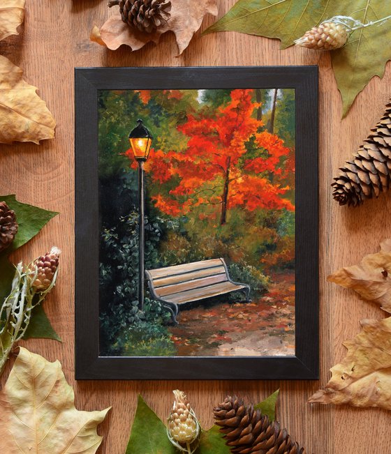 Bench and streetlight in the park