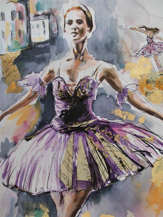Purple Swan - Ballerina Watercolor Mixed Media Painting
