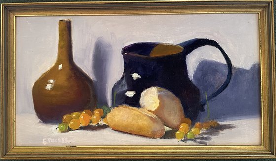 Blue Pitcher with Bread & Yellow Tomatoes