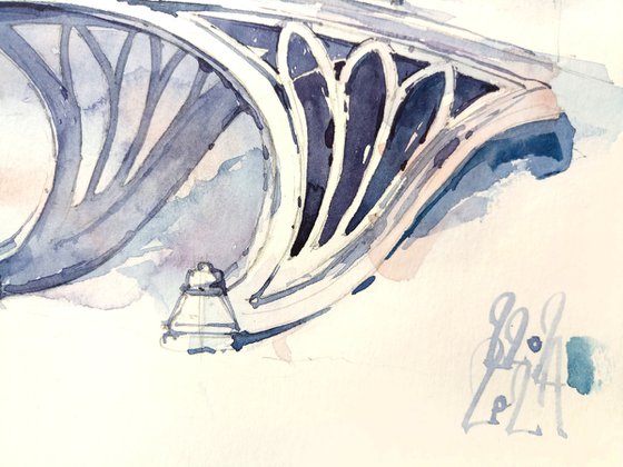 Architectural sketch in gray-blue tones "Bridge in Central Park, New York" - Original watercolor painting