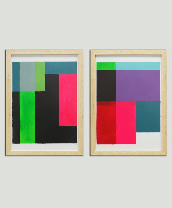 Diptych - Art on Paper - Incl Frame - Cubistic Modern Pink - 26A