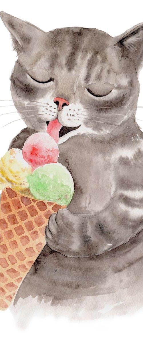 Cute Kitten Eating Ice Cream by Olga Beliaeva Watercolour