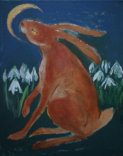 Hare With Snowdrops And Crescent Moon Acrylic Painting On Canvas by Victoria Lucy Williams
