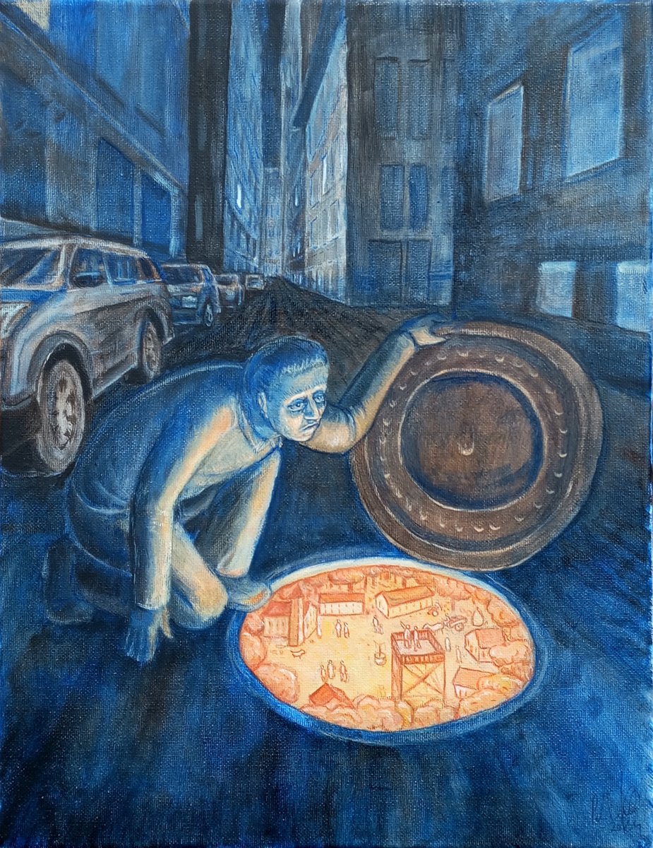 Illustrative Portrait Oil Painting By Paolo Beneforti, 12 X 16", The Village In The Manhole, Original Artwork
