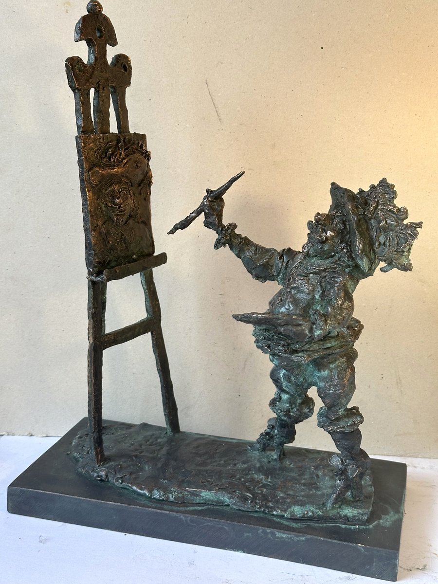 Surrealistic Portrait Bronze Sculpture By Toth Erno, 13 X 17", Rembrandt Paints Self-Portrait 2025, Original Artwork
