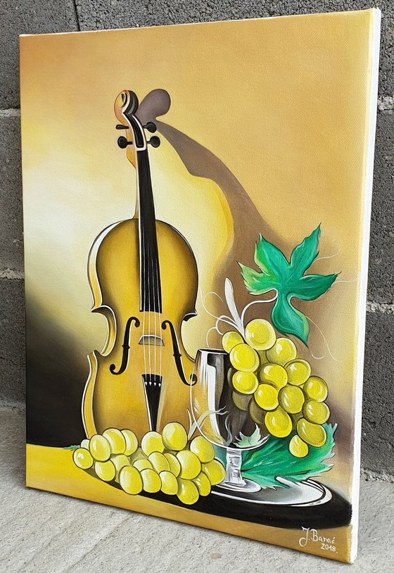 STILL LIFE WITH VIOLIN AND GRAPES, ORIGINAL OIL ON CANVAS PAINTING