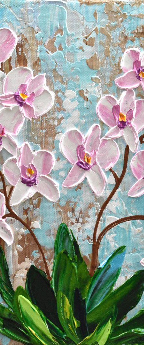 Pink Orchid 12"x12",  Impasto Floral Painting by Olga Tkachyk