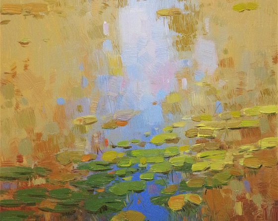 Waterlilies Autumn, Original oil Painting, Impressionism, Handmade artwork by palette knife, One of a Kind, Signed with Certificate of Authenticity