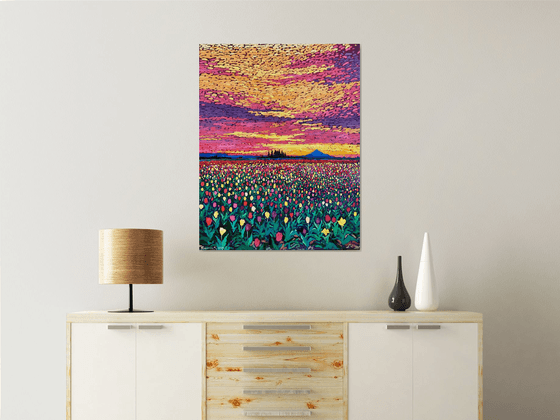 Field with tulips. Sunset 90-70cm