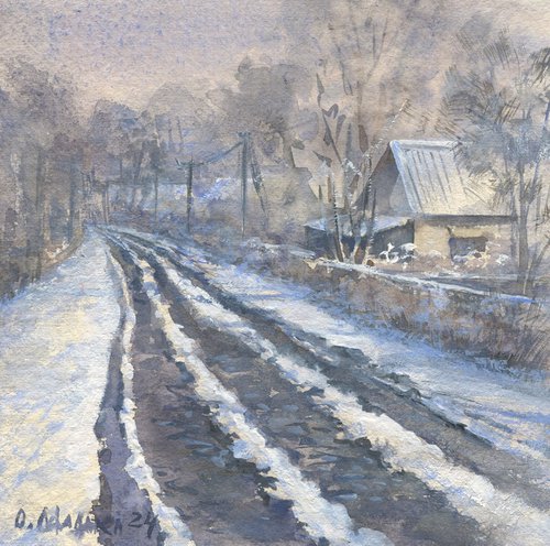 My street after the last snowfall /ORIGINAL watercolor ~8x8in (20x20cm) Rural landscape Square picture by Olha Malko