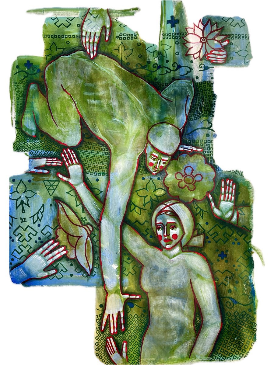 Naive Botanical Acrylic Painting By Yuliia Chaika, 28 X 35", The Garden Within, Original Artwork