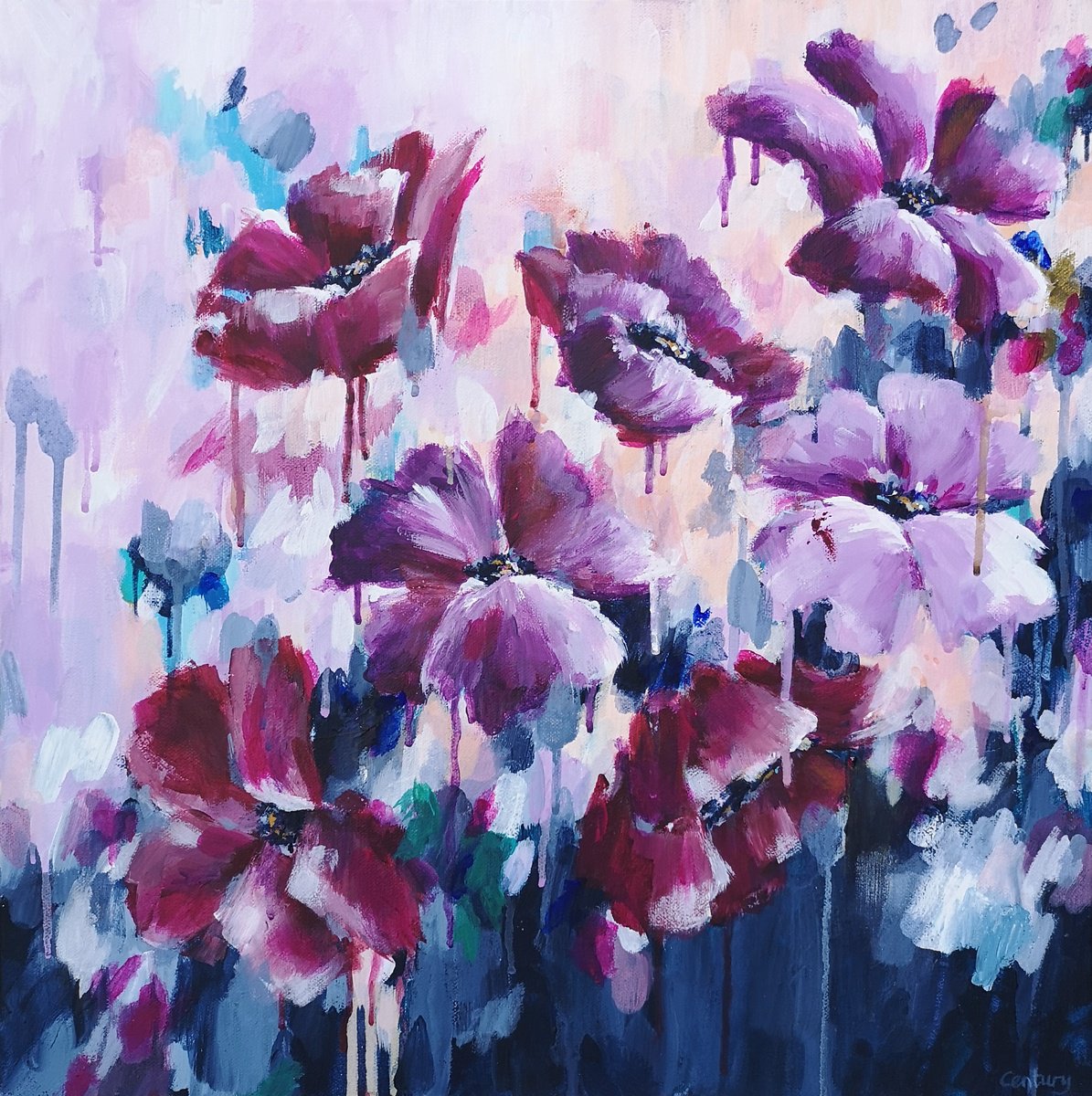 Abstract Botanical Acrylic Painting By Judy Century, 20 X 20", Daydreaming, Original Artwork