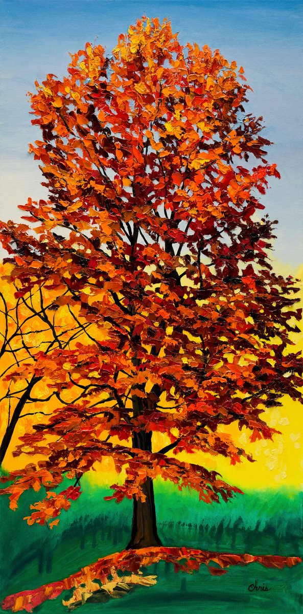 Impressionistic Landscape Oil Painting By Christina M Plichta, 18 X 36, Tall Oak In Orange & Bronze, Original Artwork