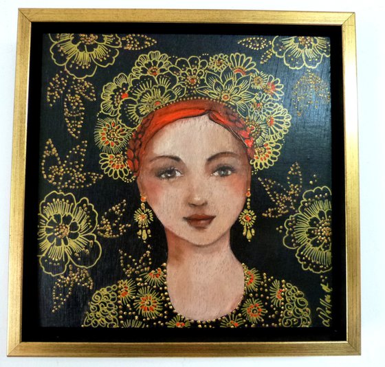 Slavic song. Female redhead icon on wooden panel 20 x 20 cm and frame.