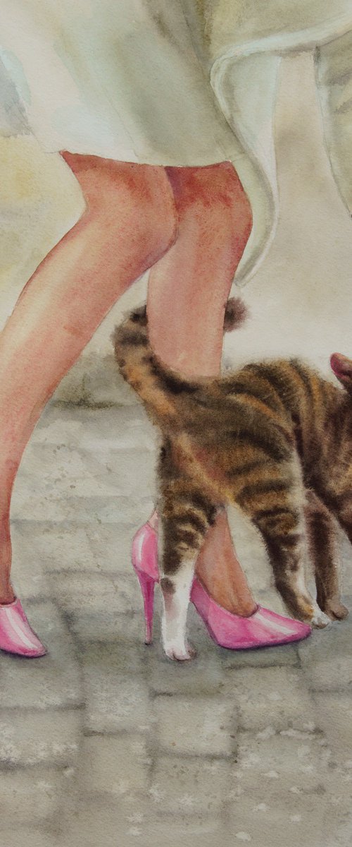 An Eye for Beauty - The Connoisseur's Admiration - Cat and Beauty by Olga Beliaeva Watercolour