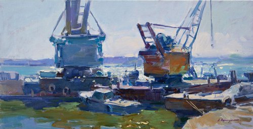 Floating cranes in port by Aleksandr  Kryushyn