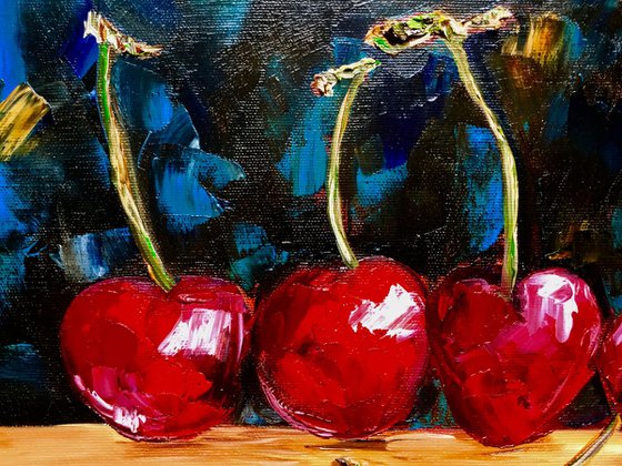 Cherries. Still life. Palette knife painting on linen canvas