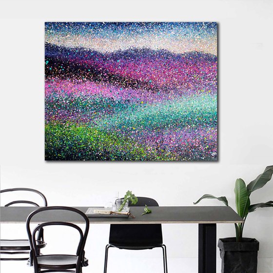 Bright Summer landscape Pink flower field Colorful countryside Large abstract nature