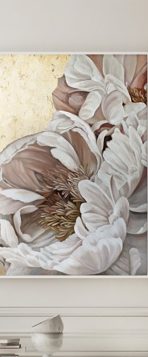 "Golden Silk Flowers" Gold white peony art by Olha
